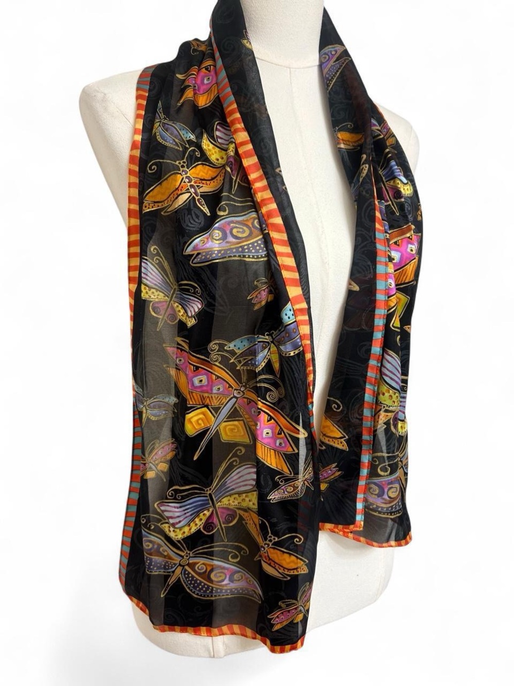 2015 Laurel Burch 100% silk scarf with dragonflies black orange multicolor indie